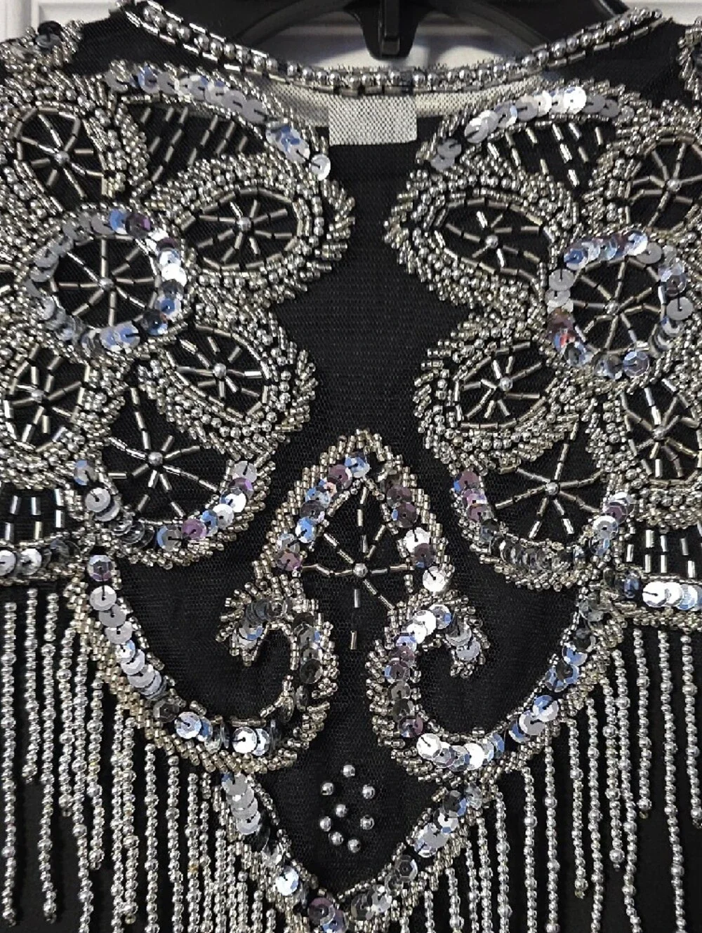Black Beaded Fringe Embellished Shawl Collar